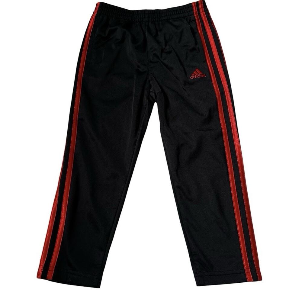 Adidas Boys Kids Track Pants Size 5 Black/Red 3-Stripes Elastic Waist | 65-40